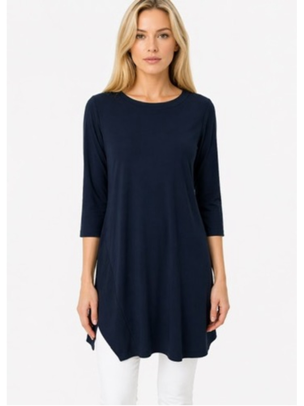 Sympli Trapeze Tunic Top Navy 3/4 Sleeve Jersey Knit Asymmetrical Hem Size 6